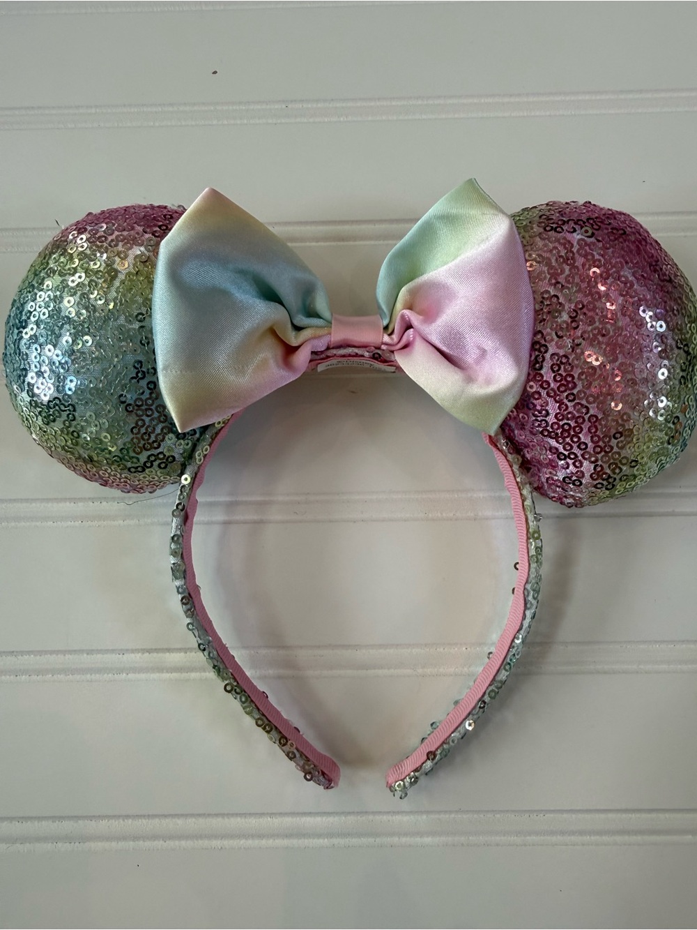 Pastel Sequin Minnie Ear Headband with Ombre Satin Bow